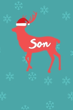 Son: Gift for Son Christmas Holiday Celebration College Ruled Composition Notebook w/ Reindeer Wearing a Santa Claus Hat on Blue Ice Crystals Cover Design