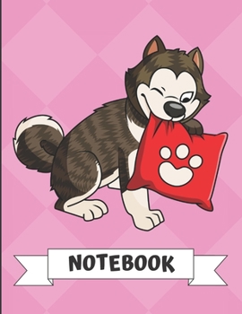 Notebook: Black White Husky Malamute with Pillow Cartoon on a Pink Diamond Background. Book is Filled with Lined Journal Paper for Notes and Creating Writing.