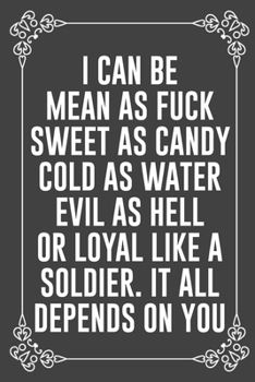 I CAN BE MEAN AS FUCK SWEET AS CANDY COLD AS WATER EVIL AS HELL OR LOYAL LIKE A SOLDIER. IT ALL DEPENDS ON YOU: Funny Blank Lined Ofiice Journals For Friend or Coworkers