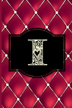 I: Monogram Journal or Diary. Captivating Ruby Red and Gold Diamond Design with a Decorative Uppercase Initial with Texture & Charm on a Vintage Black Cinema Marquee Notebook. (6x9 110 Blank Lined Pag