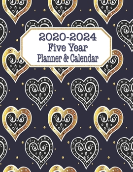 Five Year Planner & Calendar: Large Long-Term 60 Monthly Agenda Organizer Black Gold Hearts Navy (2020-2024 Simple Monthly Planners)