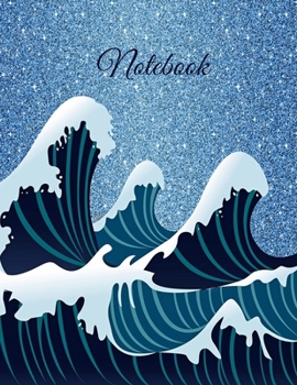 Paperback Notebook: Japanese Waves Blue Ocean Glitter Lined Notebook Japan Journal For Writing Notes And Journaling Large (8.5 11 inches) Book