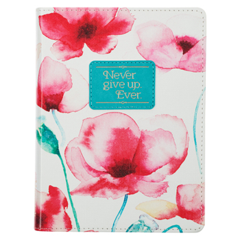 Leather Bound Heartfelt Journal Never Give Up Coral Poppies, W/Ribbon 240 Lined Pages, Handy-Sized Flexcover Faux Leather, 7.2 X 5.4 Book