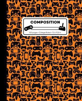 Composition: College Ruled Writing Notebook, Orange Video Game Controller Pattern Marbled Blank Lined Book