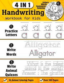 Paperback Handwriting Workbook for Kids: 4-in-1 Alphabets Handwriting Practice Book to Master Letters, Words & Animal Quiz Sentences, 26 Animal Coloring Pages Book