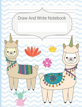 Draw And Write Notebook: Blue Llama Story Paper Notebook For Kids, Black & White Blank Handwriting & Sketch Notebook For Primary, Kindergarten, K-3rd, Story Space & Dotted Mid-Line Notebook