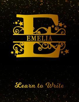 Paperback Emelia Learn To Write: Personalized Letter E First Name Handwriting Primary Composition Practice Paper Gold Glittery Effect Notebook Cover Da Book