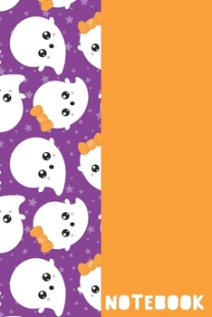 Paperback Notebook: Blank Lined Writing Journal with Fun Kawaii Ghost Pattern Cover Design in Purple and Orange Book