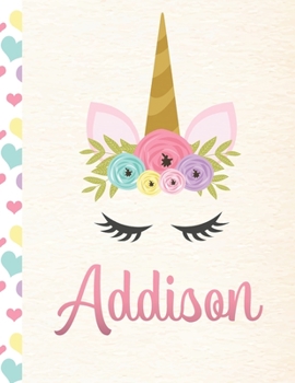 Paperback Addison: Personalized Unicorn Primary Handwriting Notebook For Girls With Pink Name - Dotted Midline Handwriting Practice Paper Book