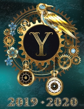 Paperback Weekly Planner Initial "Y" Monogram September 2019 - December 2020: Steampunk Teal Falcon and Clock Personalized 16-Month Large Print Letter-Sized Sch [Large Print] Book