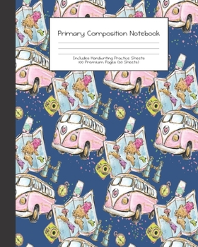 Paperback Primary Composition Notebook: Retro Hippie Wanderlust Travel -Grades K-2 - Handwriting Practice Paper-Primary Ruled With Dotted Midline - 100 Pgs 50 Book