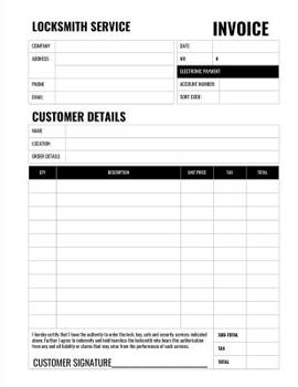 Paperback Locksmith Receipt Book: 60 Invoices / Work Orders for Locksmiths Book