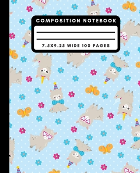Composition Notebook: Cute Blue Llama Party Wide Ruled Notebook Lined School Journal 100 Pages 7.5 x 9.25