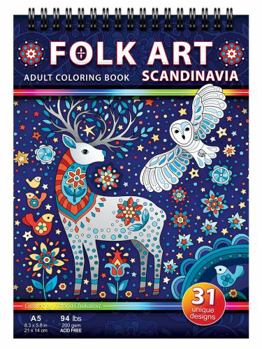 Folk Art. Scandinavia. An adult travel size coloring book on thick artist paper with a spiral binding on the top
