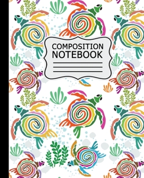 Paperback Composition Notebook: Colorful Abstract Sea Turtles on White Background - 7.5" X 9.25" 110 Pages Wide Ruled Book