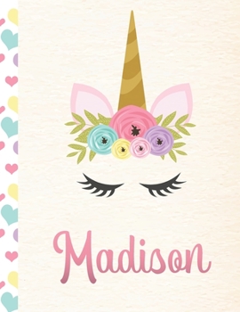 Madison: Personalized Unicorn Primary Handwriting Notebook For Girls With Pink Name Dotted Midline Handwriting Practice Paper Kindergarten to Early Childhood Grades K-2 Composition School Exercise Boo