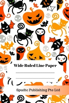 Scary Kitten Spider, Pumpkin and Bat Theme Wide Ruled Line Paper