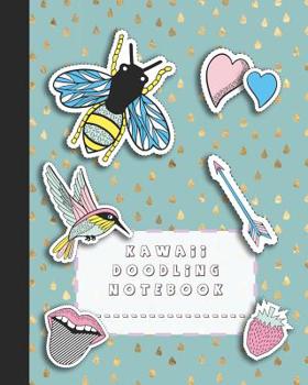 Kawaii doodling notebook: A large composition notebooks with colouring pages for the school dreamer who likes to doodle whilst studying - Turquoise and glitter teardrop background with bees, birds and