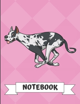 Notebook: Gray White Great Dane Dog Running Cartoon on a Pink Diamond Background. Book is Filled with Lined Journal Paper for Notes and Creating Writing.