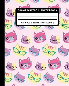 Paperback Composition Notebook: Cute Hipster Cat With Glasses Wide Ruled Notebook Lined School Journal 100 Pages 7.5 x 9.25 Pink Book