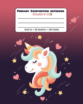 Paperback Primary Composition Notebook Grades K-2: Picture drawing and Dash Mid Line hand writing paper - Red Heart Unicorn Design Book