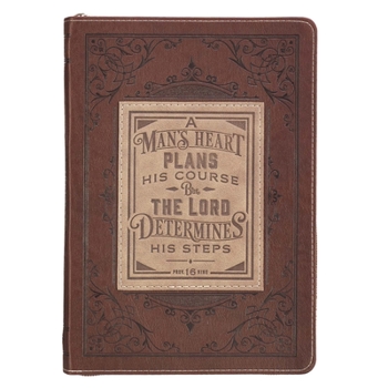 Imitation Leather Classic Faux Leather Journal a Man's Heart Proverbs 16:9 Bible Verse Brown Inspirational Notebook, Lined Pages W/Scripture, Ribbon Marker, Zipper Clos Book