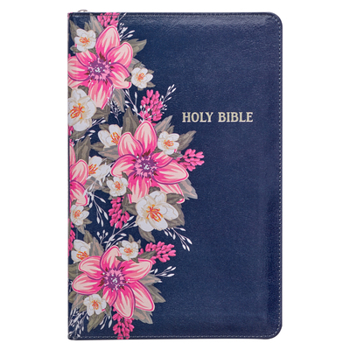 Imitation Leather KJV Holy Bible Standard Size Faux Leather Red Letter Edition Thumb Index & Ribbon Marker, King James Version, Blue Floral, Zipper Closure Book