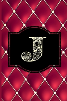 J: Monogram Journal or Diary. Captivating Ruby Red and Gold Diamond Design with a Decorative Uppercase Initial with Texture & Charm on a Vintage Black Cinema Marquee Notebook. (6x9 110 Blank Lined Pag