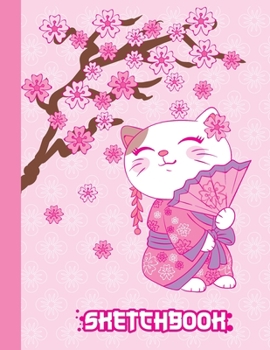 SKETCHBOOK: Cute Blank Notebook for Sketching and Picture Space with Kawaii Japanese Cat Geisha in Kimono, Unlined Paper Book for Drawing, Journaling and Doodling, Perfect for Creative Kids