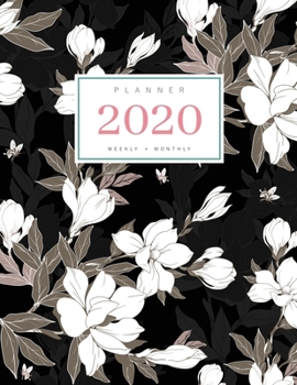 Planner 2020 Weekly Monthly: 8.5 x 11 Full Year Notebook Organizer Large | 12 Months - Jan to Dec 2020 | Vintage Magnolia Flower Buds Design Black