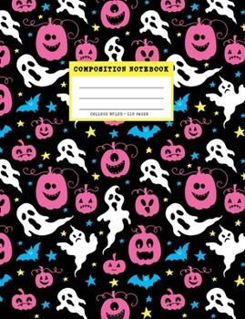 Paperback Composition Notebook College Ruled, 110 Pages: 80s Halloween Pattern Lined Journal for Students, Pumpkins Ghosts & Bats Book