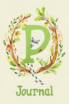 Cute Woodland Critter Journal with Initial: Cute Woodland Raccoon Journal with Green Initial 'P'