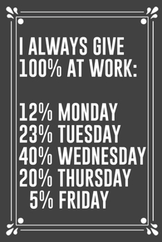 I Always Give 100% at Work: 12% MONDAY 23% TUESDAY 40% WEDNESDAY 20% THURSDAY 5% FRIDAY: Funny Blank Lined Ofiice Journals For Friend or Coworkers
