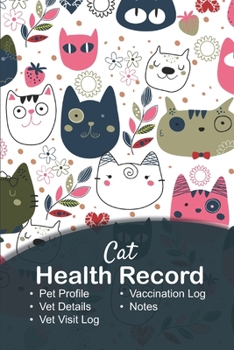 Cat health record: Cat vaccine record book | Pet health record | Puppy vaccine record | 101 pages, 6"x9" | Paperback | funny pattern of cats pink white white green blue on white background