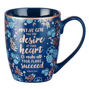 Blue Bible Verse Mug – Floral Faith Mug for Women & Men, Ceramic Coffee Mug w/Gold Trim & Psalm 20:4 Calligraphy – “The Desires of Your Heart” Mug, 12 oz
