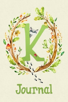 Cute Woodland Critter Journal with Initial: Cute Woodland Raccoon Journal with Green Initial 'K'