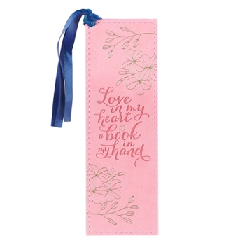 Office Product With Love Pink Faux Leather Bookmark for Women, Love & Books Floral Debossed Design W/Gold Accents/Blue Ribbon Tassel, Inspirational Encouraging Book