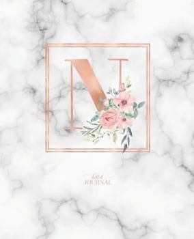 Dotted Journal: Dotted Grid Bullet Notebook Journal Rose Gold Monogram Letter N Marble with Pink Flowers (7.5” x 9.25”) for Women Teens Girls and Kids