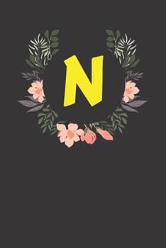 Letter N Monogram Notebook: Floral Black Matte Cover Journal