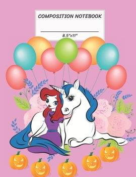 Paperback Composition Notebook: Princess n Unicorn, Halloween Pumpkin Jack O' Lantern, Flower, Balloon, Wide Ruled paper Notebook, Blank Notes Taking, Book