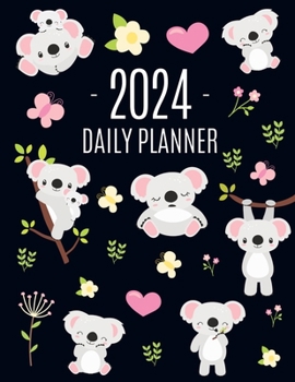 Paperback Koala Planner 2024: Australian Outback Animal Agenda: January-December Pretty Pink Butterflies & Yellow Flowers Monthly Scheduler For Work or Office Book