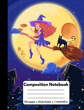 Paperback Composition Notebook: Halloween Gifts for Girls and Women: Purple Witch Women and Black Cat Full Moon, Composition Book for Back To School H Book