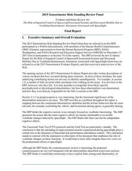 Paperback 2015 Sensorimotor Risk Standing Review Panel Evidence and Status Review for: The Risk of Impaired Control of Spacecraft/Associated Systems and Decreas Book