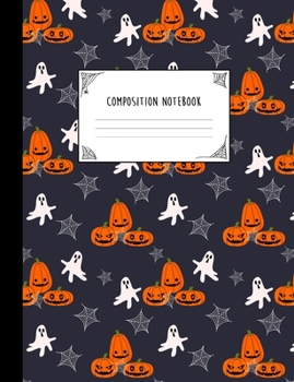 Paperback Composition Notebook: Blank Lined College Ruled Notebook Journal - Halloween Themed - Navy Pumpkin Ghosts Pattern Book