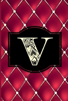 V: Monogram Journal or Diary. Captivating Ruby Red and Gold Diamond Design with a Decorative Uppercase Initial with Texture & Charm on a Vintage Black Cinema Marquee Notebook. (6x9 110 Blank Lined Pag