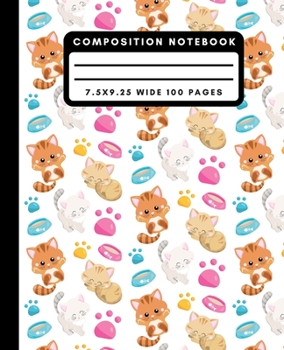 Composition Notebook: Cute Playful Cat Wide Ruled Notebook Lined School Journal 100 Pages 7.5 x 9.25 Pink