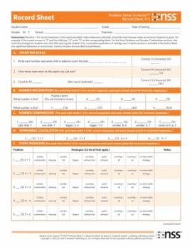 Paperback Number Sense Screener(tm) (Nss(tm)) Record Sheets, K-1, Research Edition Book