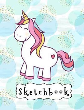 Sketchbook : Happy White Unicorn on Blue Circles Pattern, Large Blank Sketchbook for Kids, 110 Pages, 8. 5 X 11 , for Drawing, Sketching, Pencil and Crayon Coloring