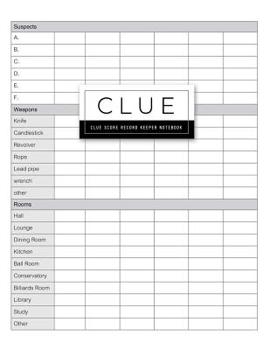 Clue Score Record: Classic Score Sheet Card or Scoring Game Record Level Keeper Book Helps You Solve Your Favorite Detective Mystery Games