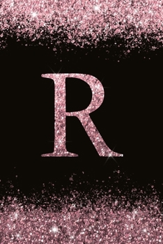 R : Personalized Initial Monogram Blank Lined Notebook Journal Printed Glitter Black and Pink , for Women and Girls 6x9 Inch. Christmas Gift , Birthday Gift Idea